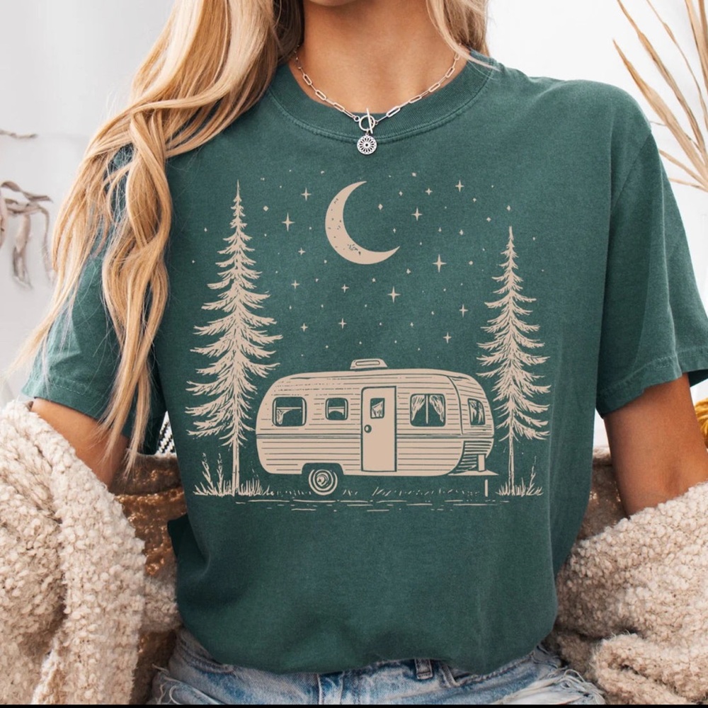 NEW Comfort Colors Moss Green Graphic Tee with Camper in The Woods Design - NWOT